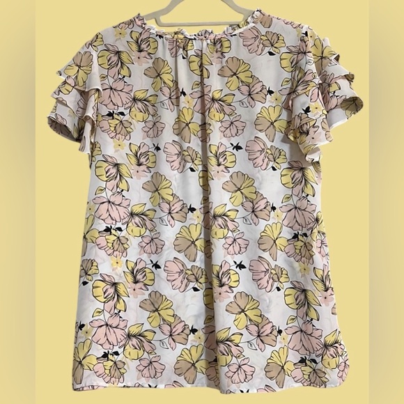 LIZ CLAIBORNE Black/Pink/Tan/Yellow Floral Tier Ruffle Sleeve Top, Sz Large,GUC - Picture 8 of 8